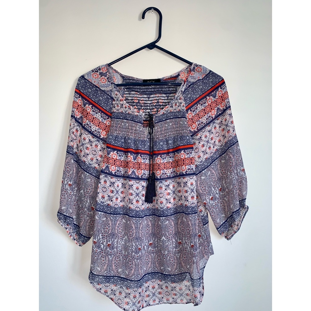 Blue/Purple Patterned Chiffon Loose Fit Blouse